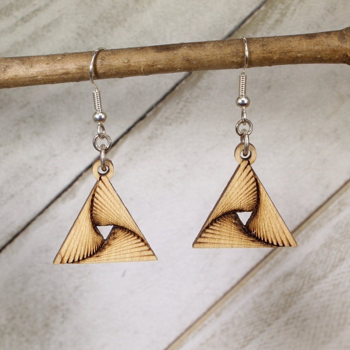Geometric Triangle Twist Wooden Dangle Earrings | Modern Jewelry by Cate's Concepts, LLC