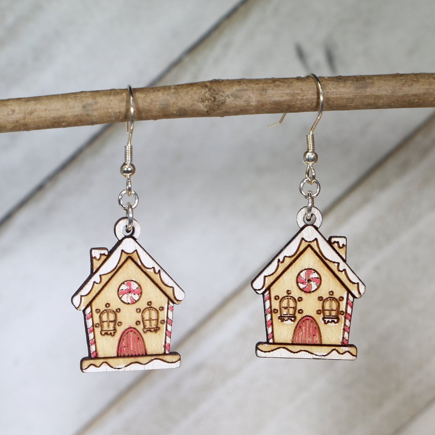 Gingerbread House Wooden Dangle Earrings | Christmas Holiday Jewelry detail view by Cate's Concepts, LLC