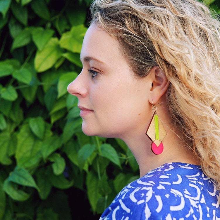 Additional view of Neon Art Deco Earrings hand painted on lightweight wood by LE CHIC MIAMI