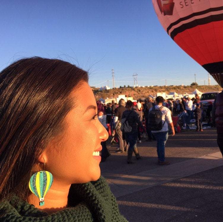 Additional view of Hot Air Balloon Earrings hand painted on lightweight wood by LE CHIC MIAMI