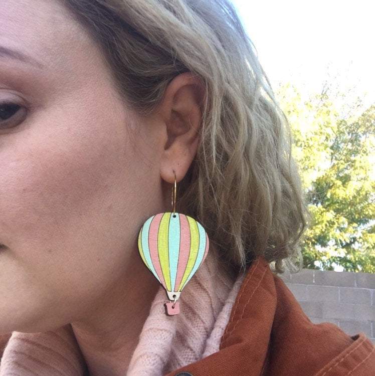 Additional view of Hot Air Balloon Earrings hand painted on lightweight wood by LE CHIC MIAMI