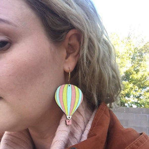 Additional view of Hot Air Balloon Earrings hand painted on lightweight wood by LE CHIC MIAMI