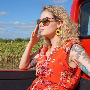 Additional view of Sunflower Dangle Earrings hand painted on lightweight wood by LE CHIC MIAMI