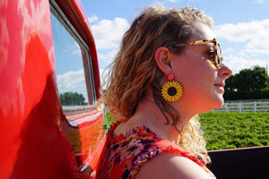 Additional view of Sunflower Dangle Earrings hand painted on lightweight wood by LE CHIC MIAMI