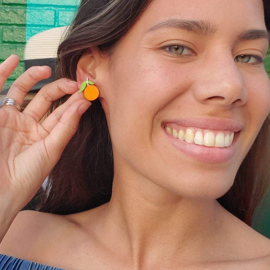 Additional view of Tangerine Stud Earrings hand painted on lightweight wood by LE CHIC MIAMI