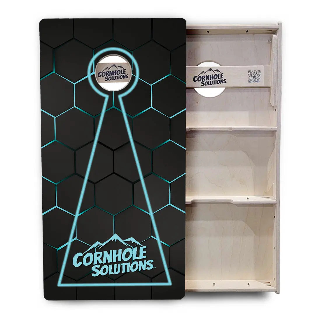 Glow Hole Black Backgound Cornhole Boards - Professional Tournament Series by Cornhole Solutions, custom cornhole board detail photo 14
