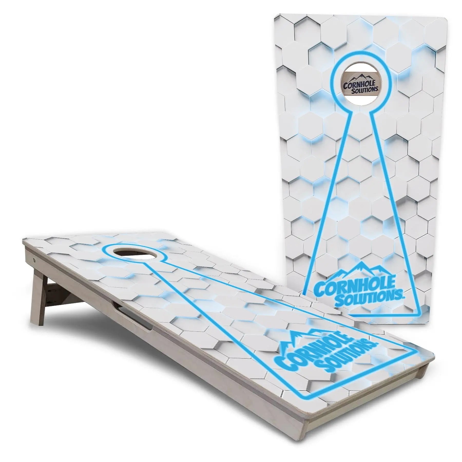 Glow Hole White Background Cornhole Boards - Professional Tournament Series by Cornhole Solutions, custom cornhole board main product photo