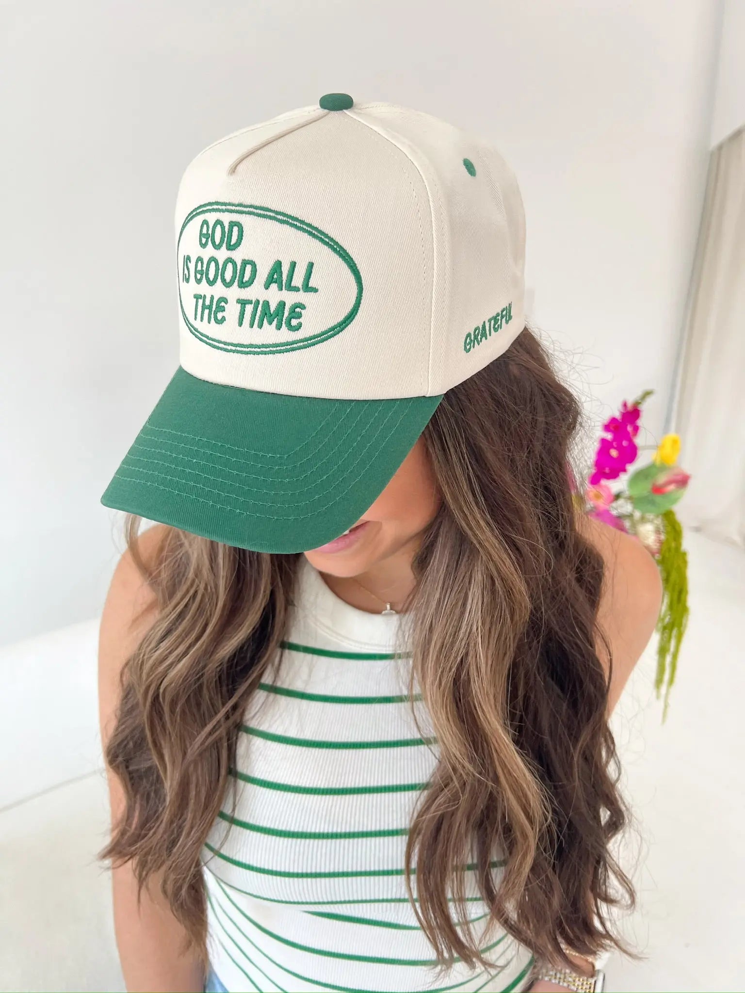 God is Good - Green Vintage Trucker Hat by KenzKustomz, Southern lifestyle apparel detail photo 6
