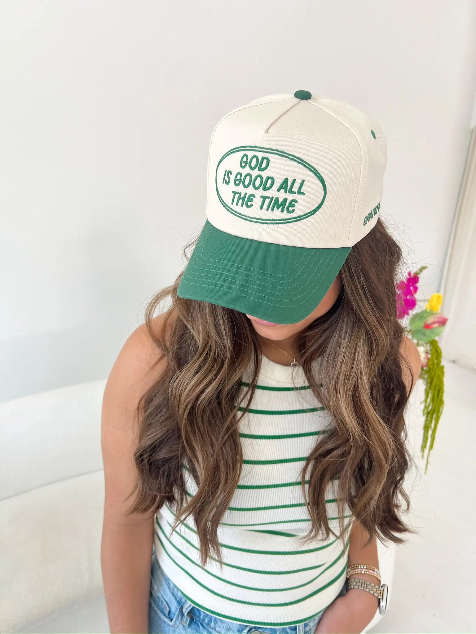 God is Good - Green Vintage Trucker Hat by KenzKustomz, Southern lifestyle apparel detail photo 10