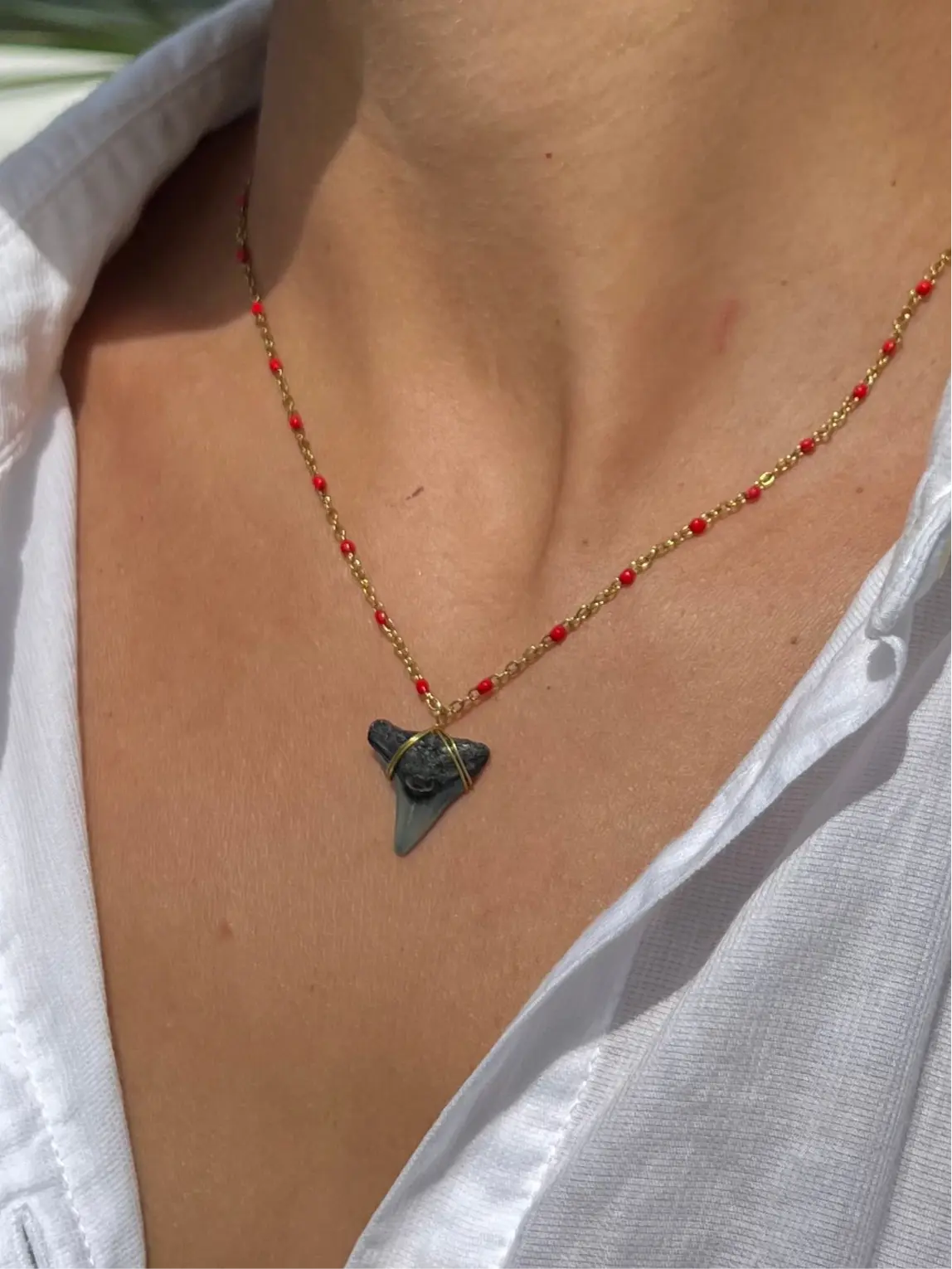 Gold Shark Tooth Necklace - Red by HALT, handmade jewelry main product photo