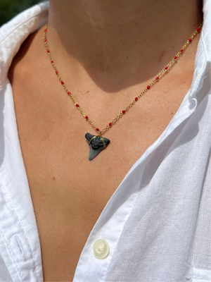 Gold Shark Tooth Necklace - Red by HALT, handmade jewelry detail photo 2