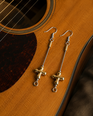 Silver and Gold Cross Guitar String Earrings by N Harmony Jewelry, handmade jewelry main product photo