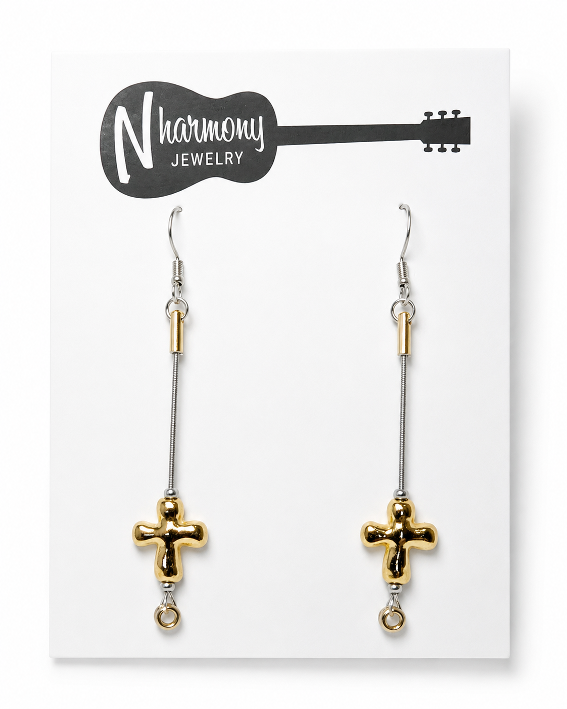 Silver and Gold Cross Guitar String Earrings by N Harmony Jewelry, handmade jewelry detail photo 3
