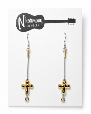 Silver and Gold Cross Guitar String Earrings by N Harmony Jewelry, handmade jewelry detail photo 3