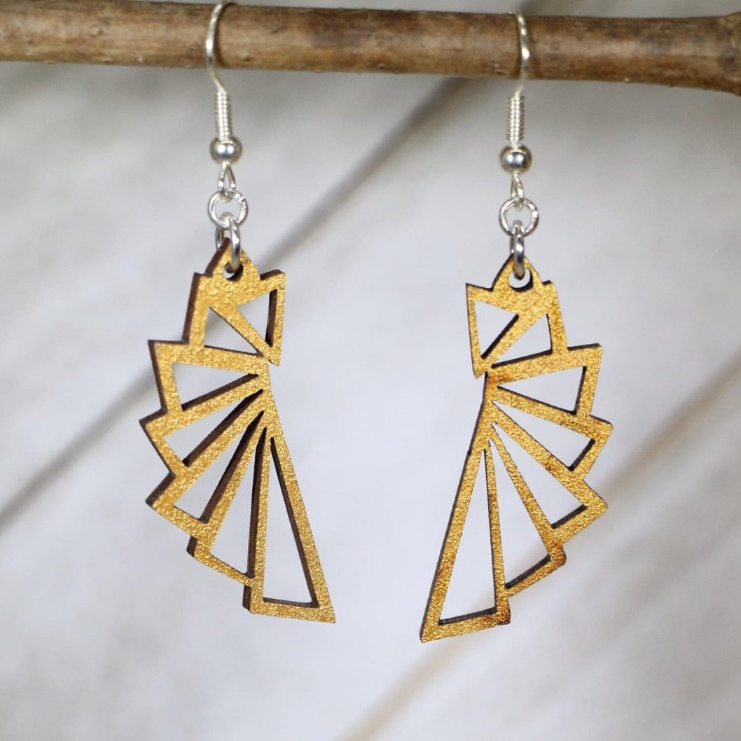 Golden Fan Wooden Dangle Earrings | Art Deco Jewelry by Cate's Concepts, LLC