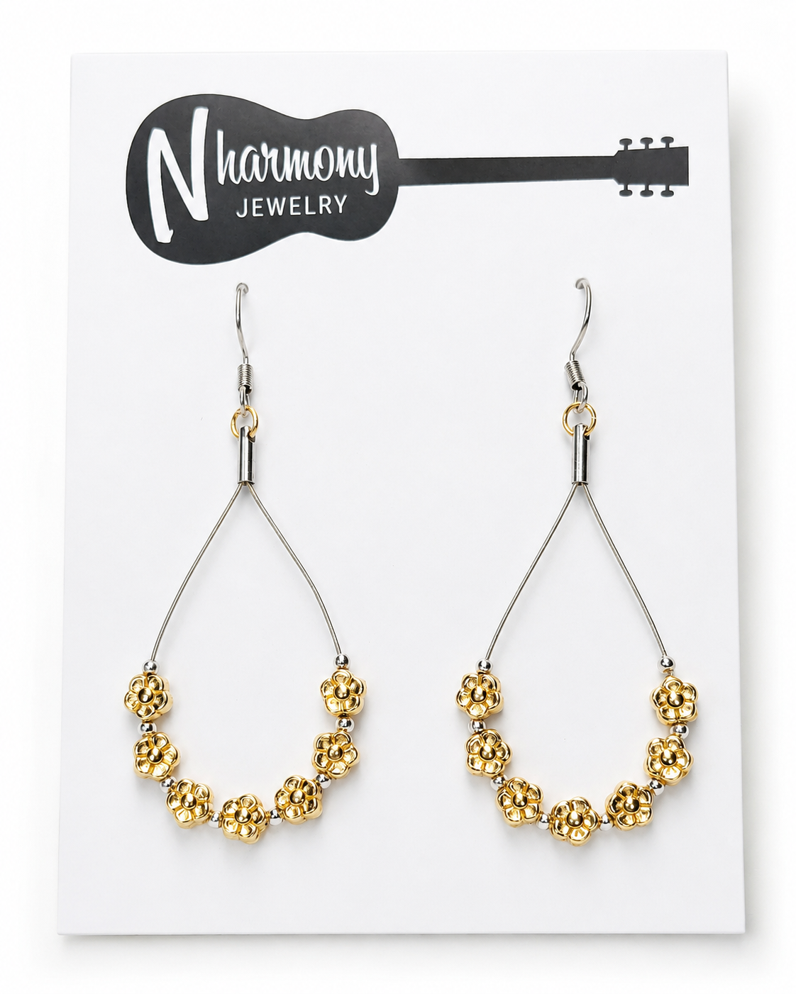 Gold Flower Guitar String Hoop Earrings by N Harmony Jewelry, handmade jewelry detail photo 2