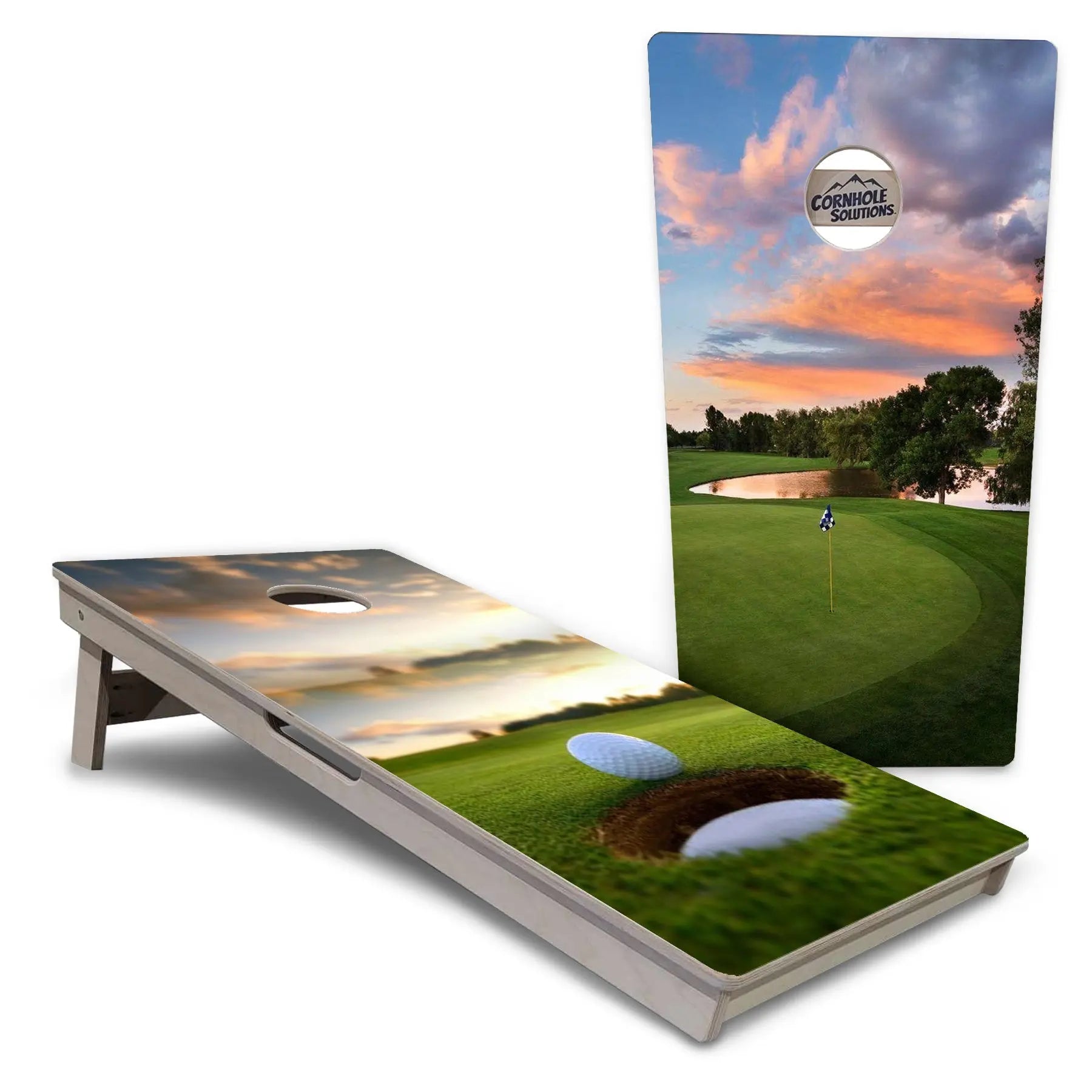Golf Course Sunset Cornhole Boards - Professional Tournament Series by Cornhole Solutions, custom cornhole board main product photo