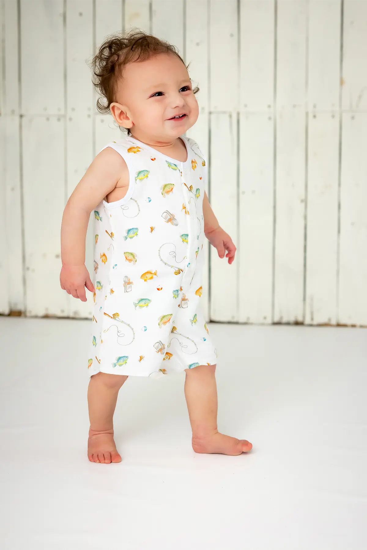 Gone Fishing Organic Muslin Shortalls by Nola Tawk, children's boutique clothing detail photo 2