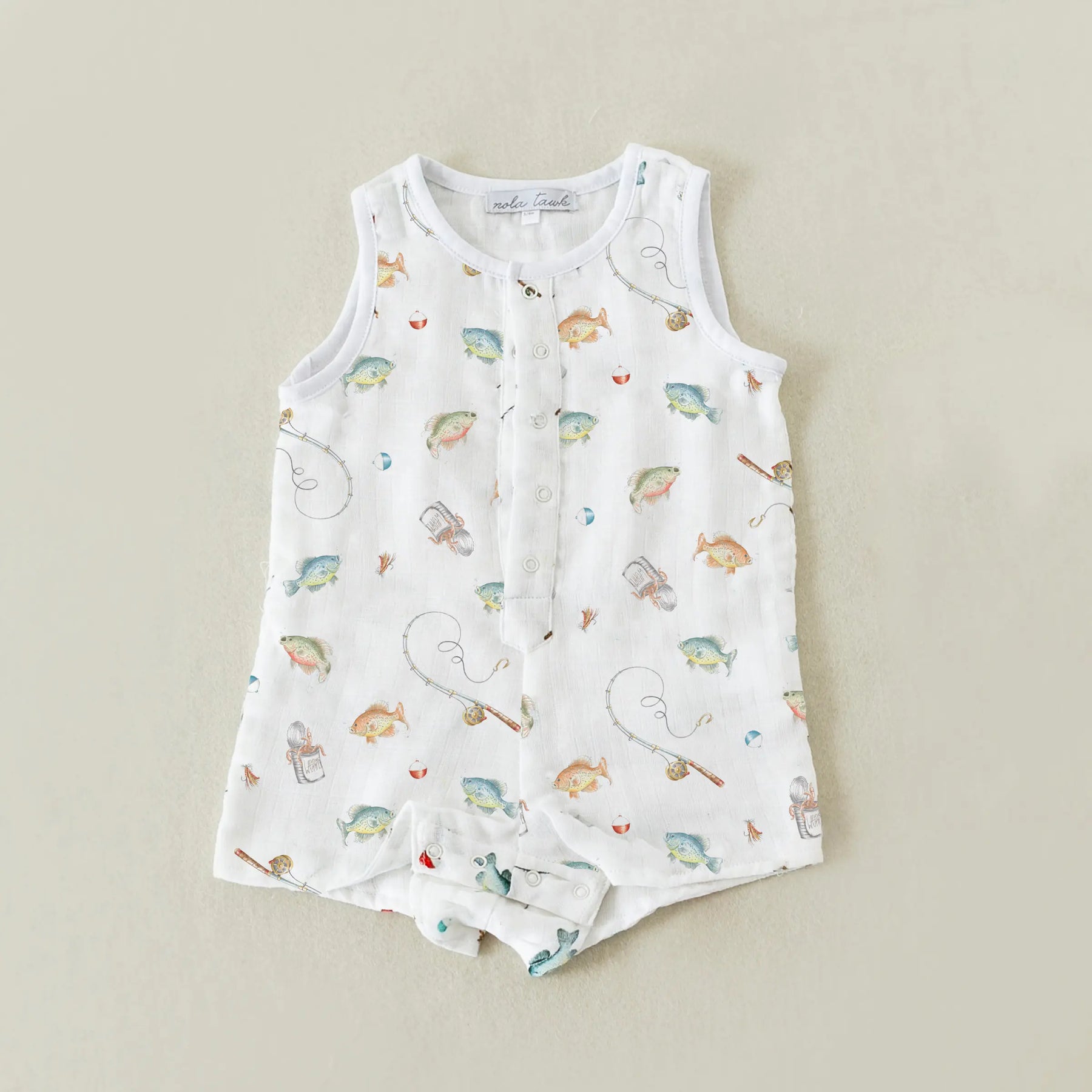 Gone Fishing Organic Muslin Shortalls by Nola Tawk, children's boutique clothing detail photo 4