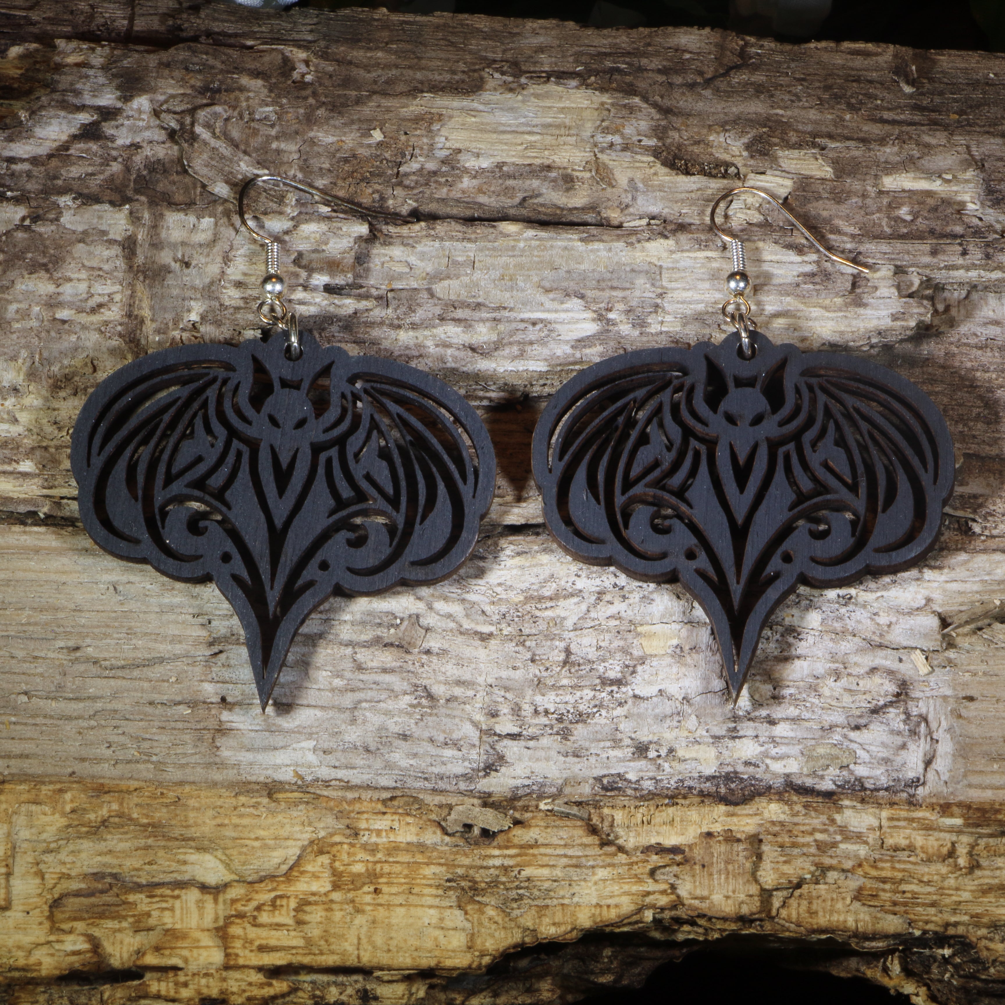 Gothic Bat Wooden Dangle Earrings | Gothic Halloween Jewelry by Cate's Concepts, LLC