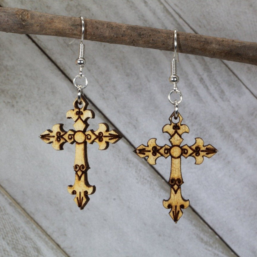 Gothic Cross Wooden Dangle Earrings | Dark Faith Jewelry by Cate's Concepts, LLC