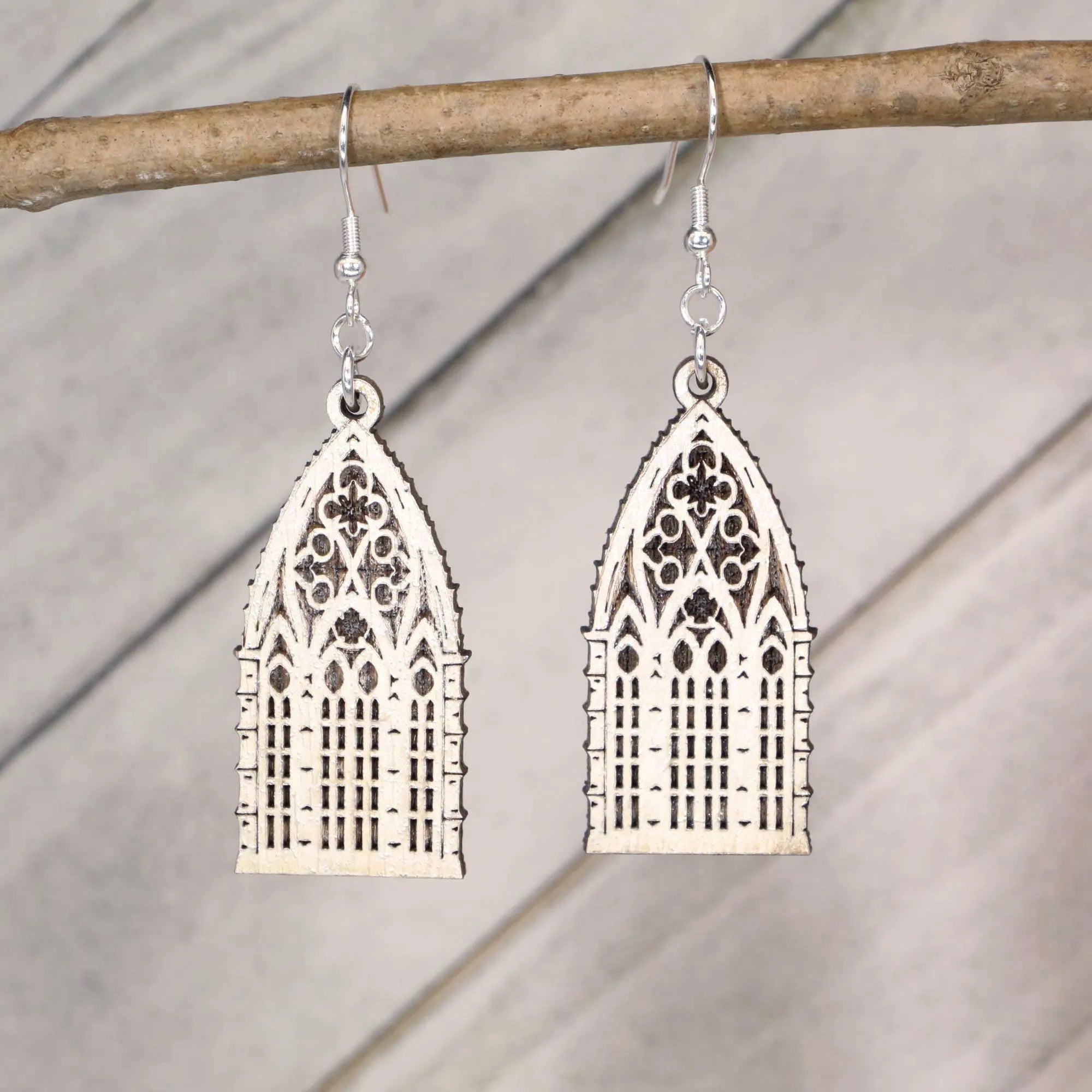 Gothic Window Wooden Earrings | Dark Fantasy Jewelry detail view by Cate's Concepts, LLC