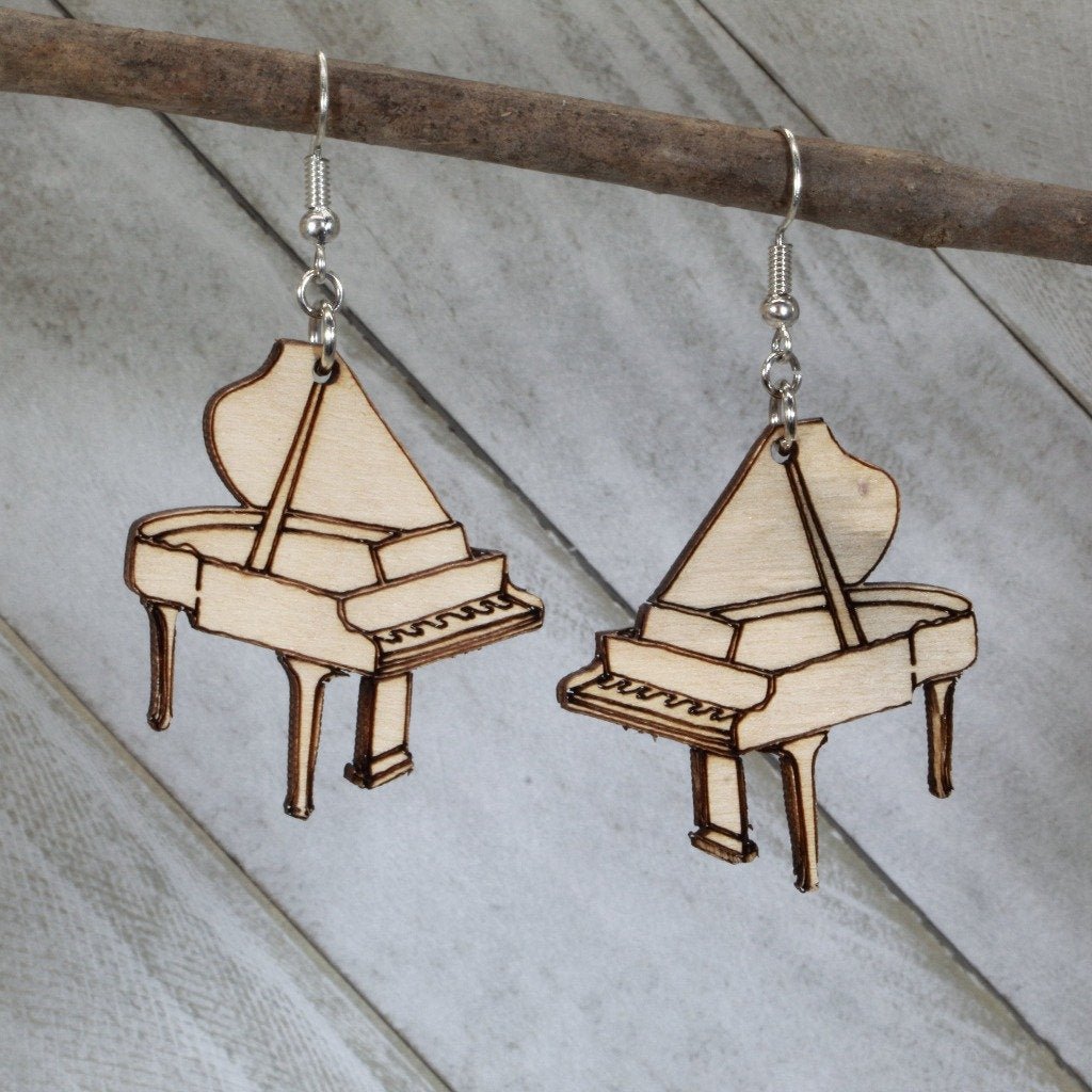 Grand Piano Wooden Earrings | Musician Instrument Jewelry detail view by Cate's Concepts, LLC