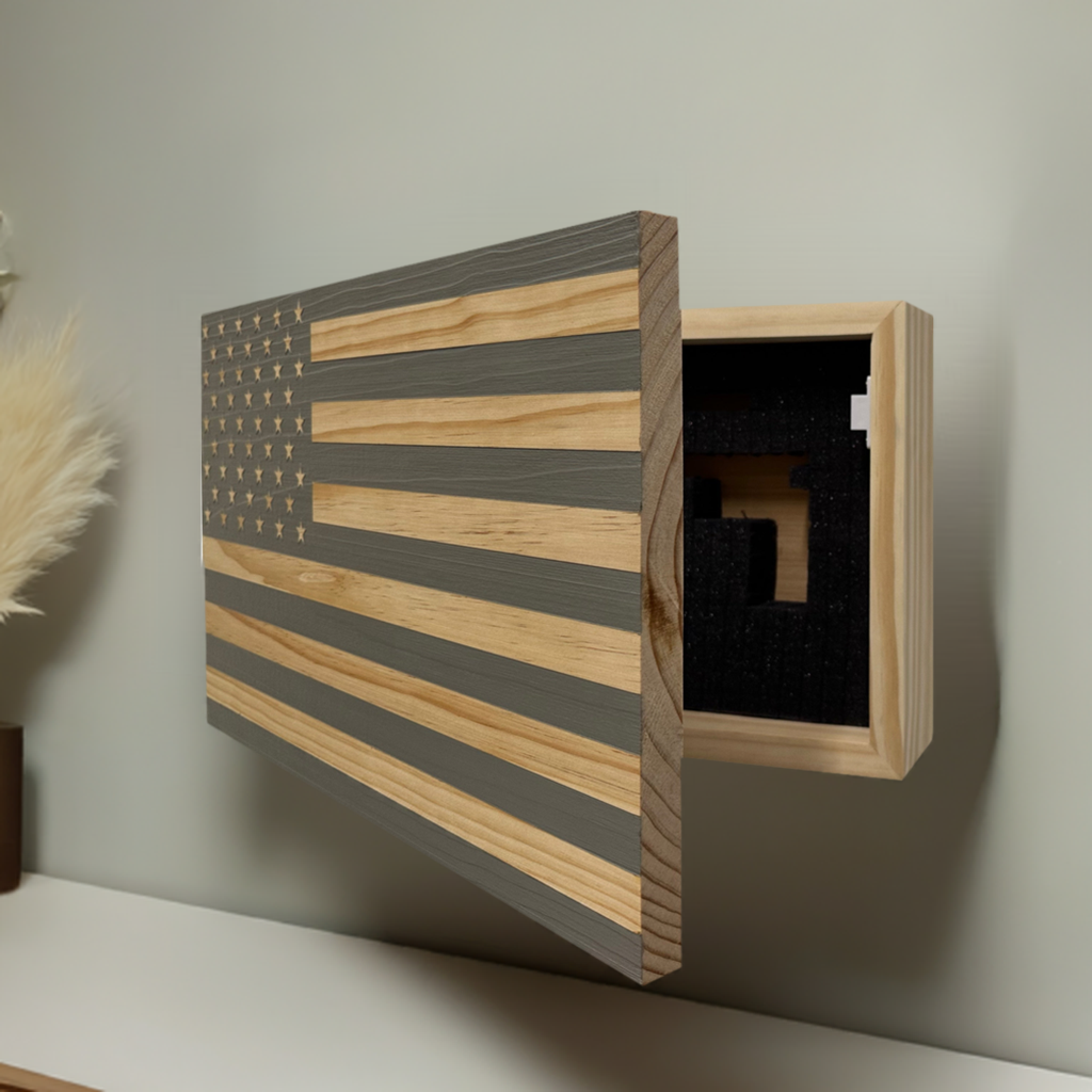 American Flag Decorative & Secure Wall-Mounted Gun Cabinet (Gray) by Bellewood Designs, Southern home decor detail photo 2