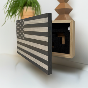American Flag Decorative & Secure Wall-Mounted Gun Cabinet (Gray & White) by Bellewood Designs, Southern home decor detail photo 2