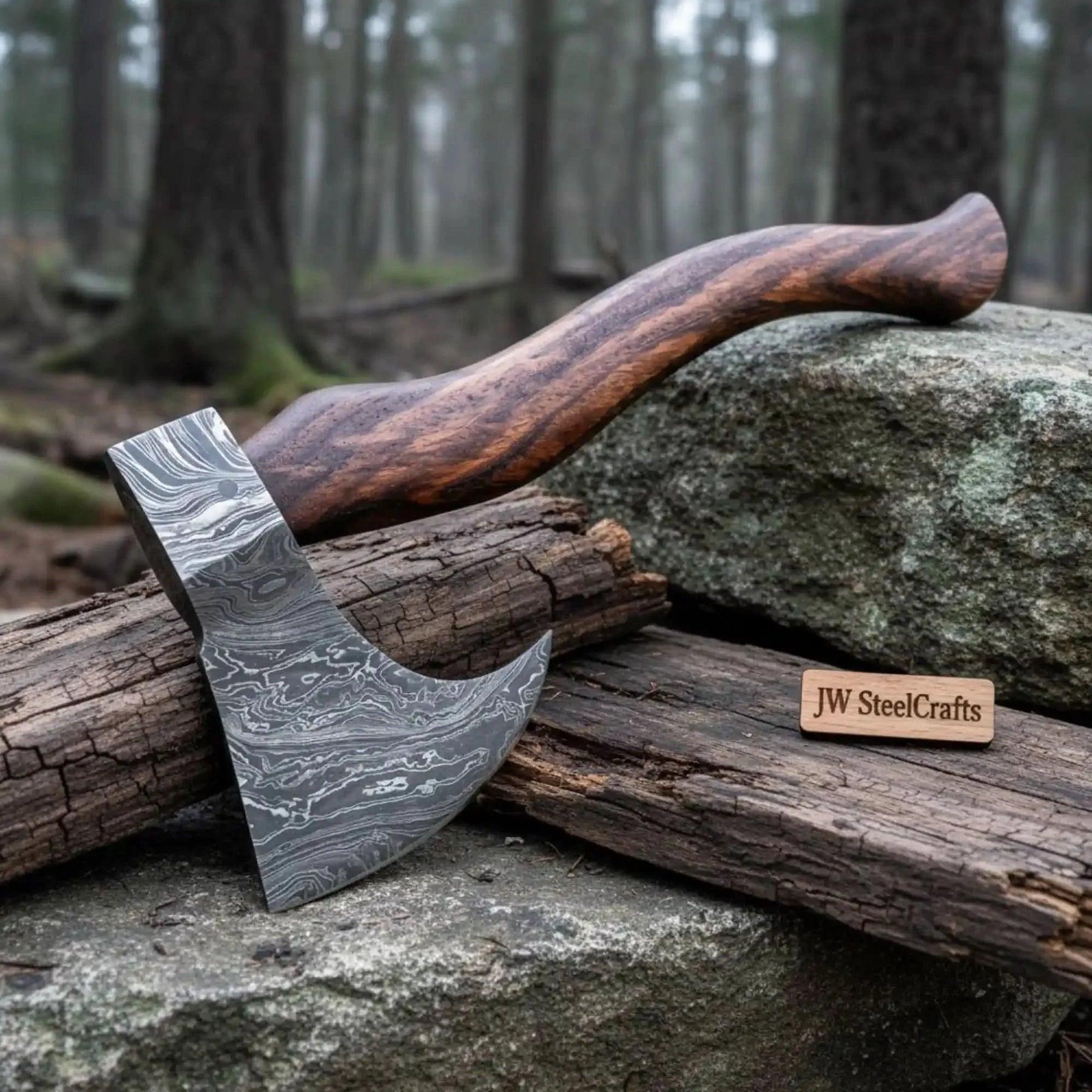 19 Inch Curved Rosewood Damascus Chopping Axe by JW SteelCrafts, Southern handmade gift main product photo