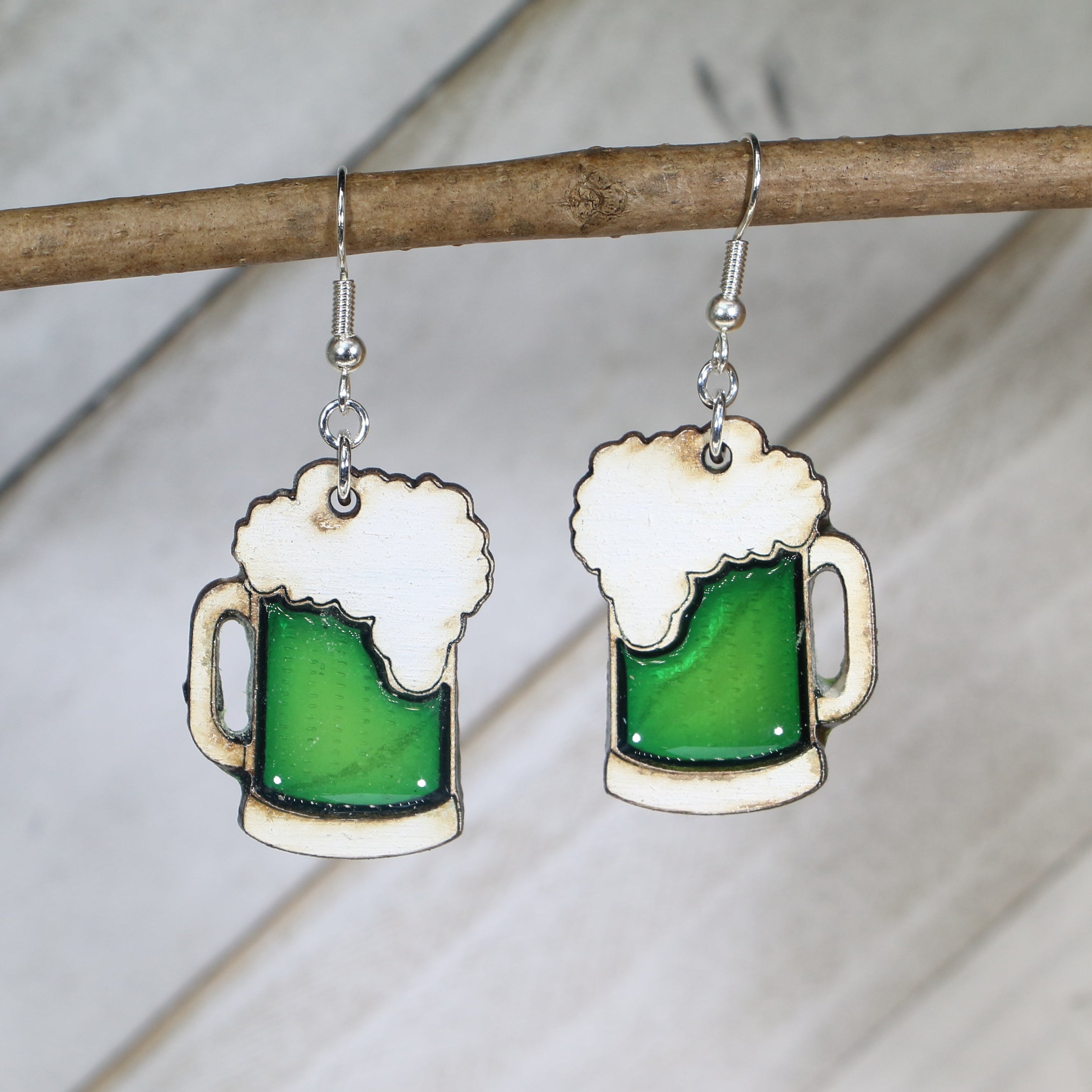Green Beer Mug Wooden Dangle Earrings | St Patrick’s Day Jewelry