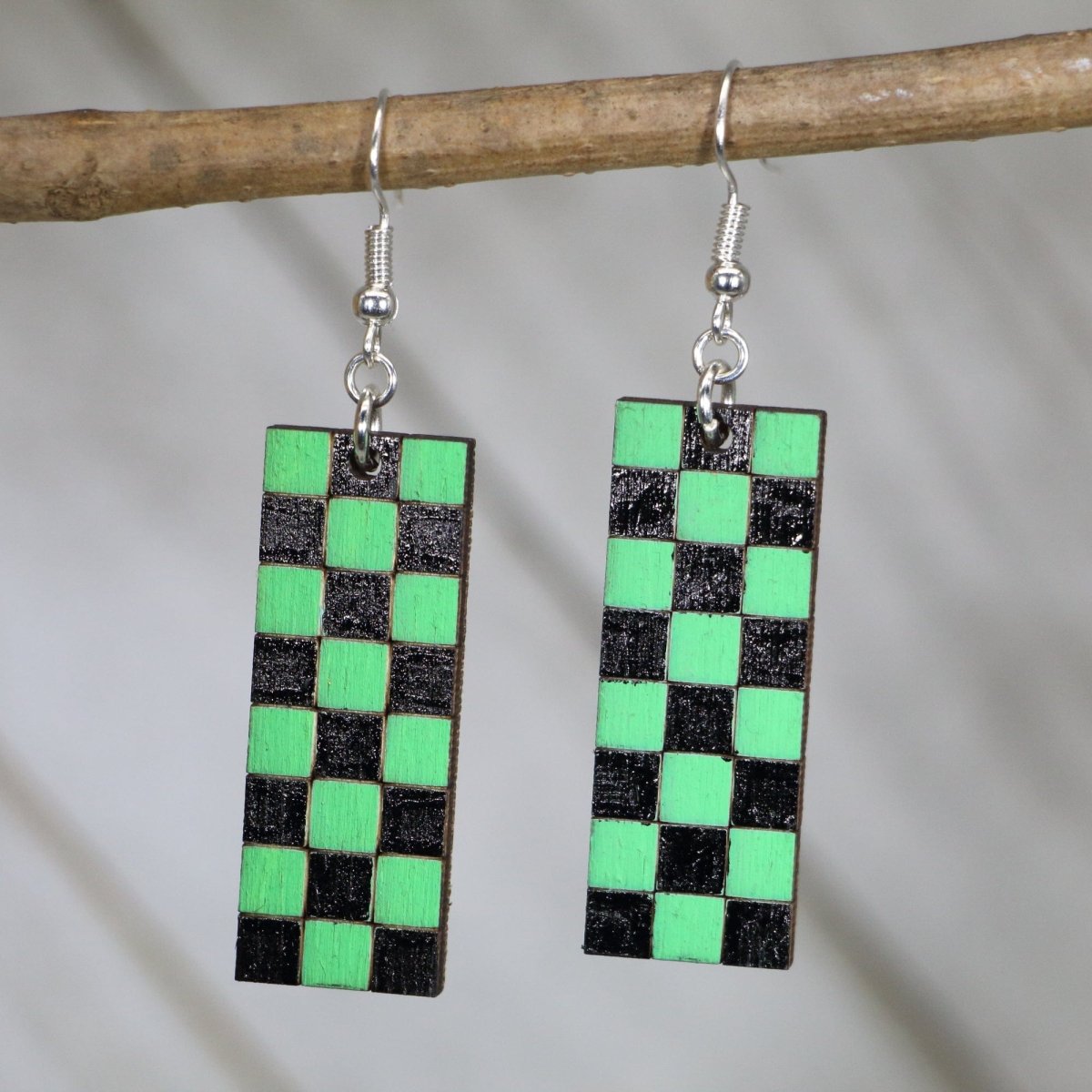 Green Black Checkerboard Wooden Earrings | Pixel Gaming Jewelry by Cate's Concepts, LLC