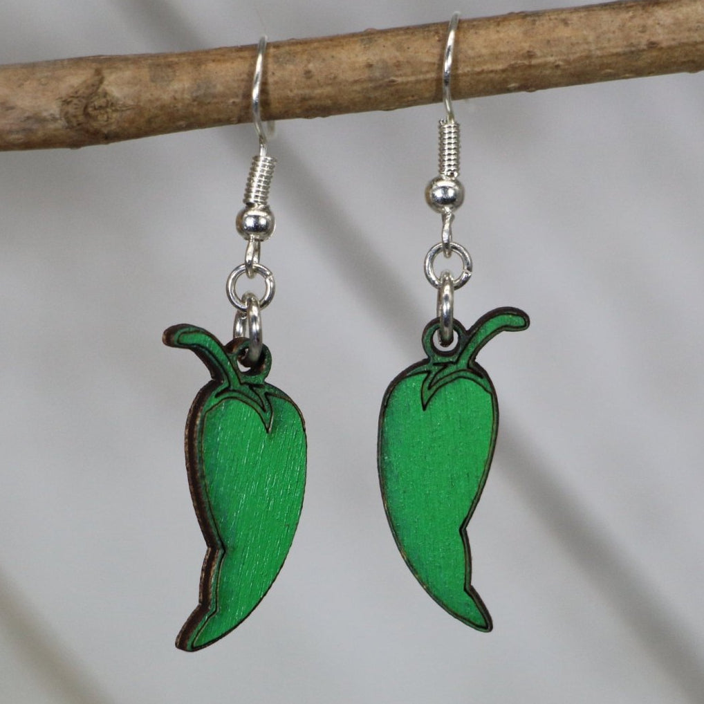 Green Chile Wooden Earrings | New Mexico Pepper Jewelry detail view by Cate's Concepts, LLC