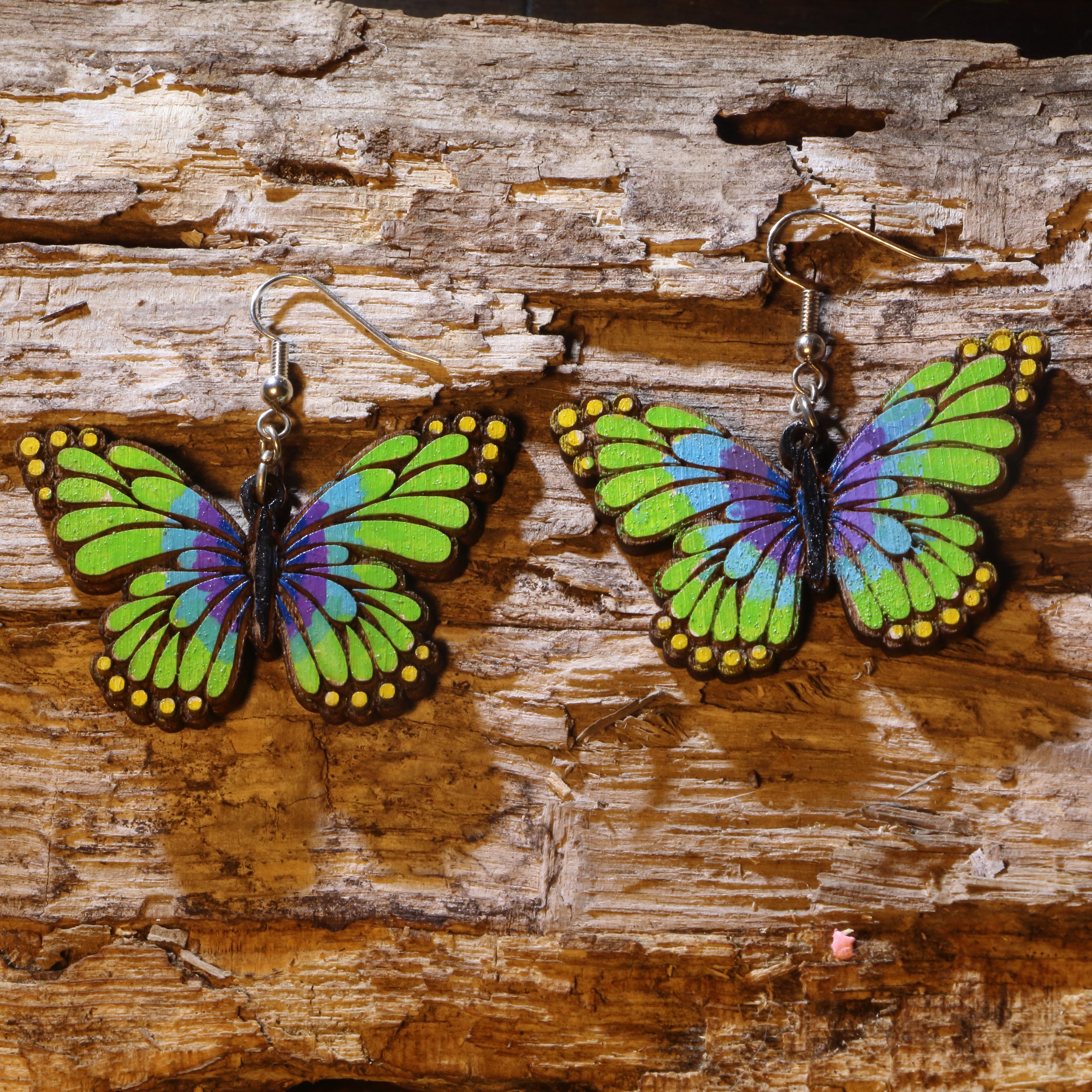 Green & Purple Butterfly Wooden Dangle Earrings | Butterfly Nature Jewelry by Cate's Concepts, LLC