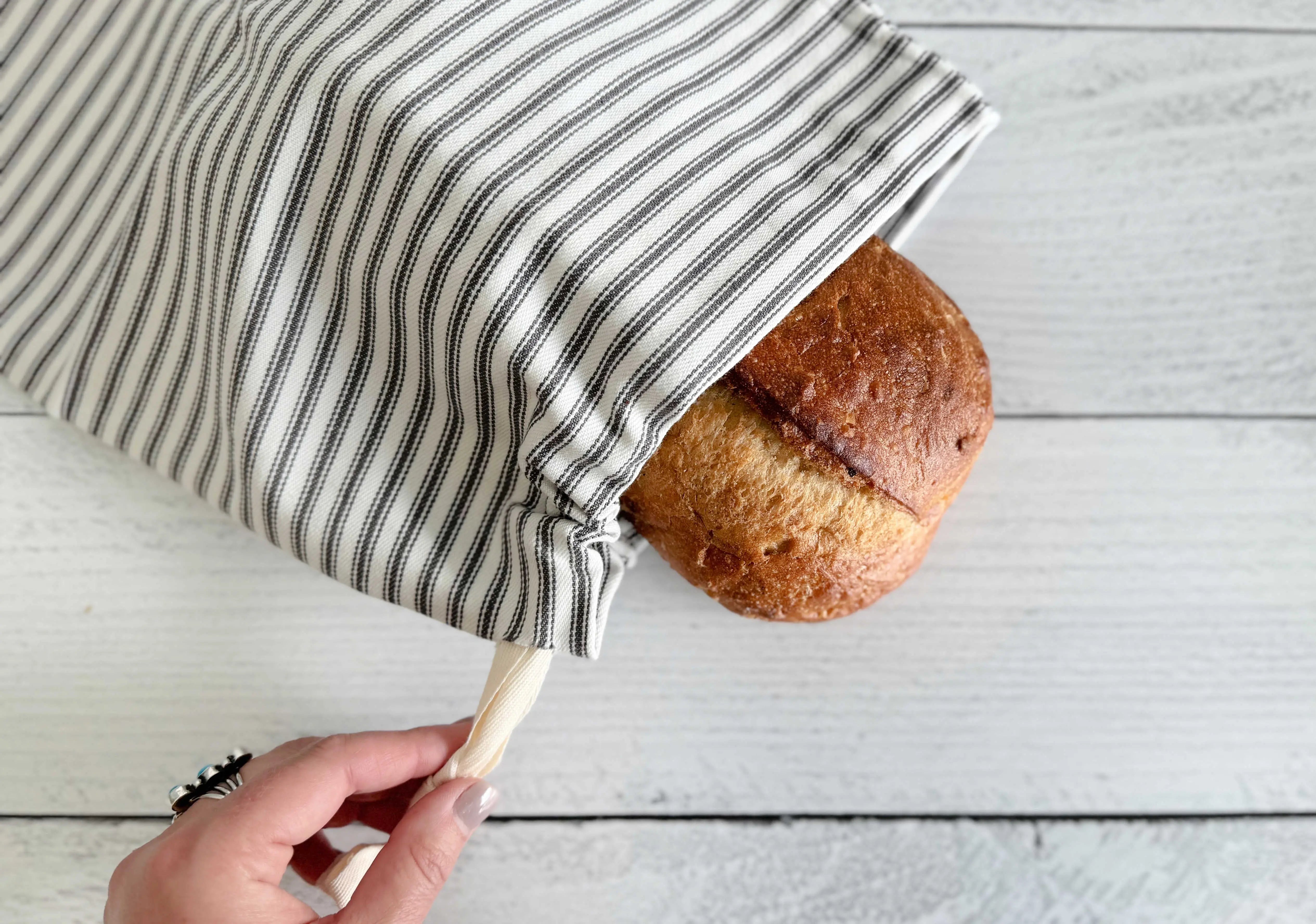 Grey Ticking Stripe Bread Bags, set of two by Dot and Army, handmade leather goods main product photo