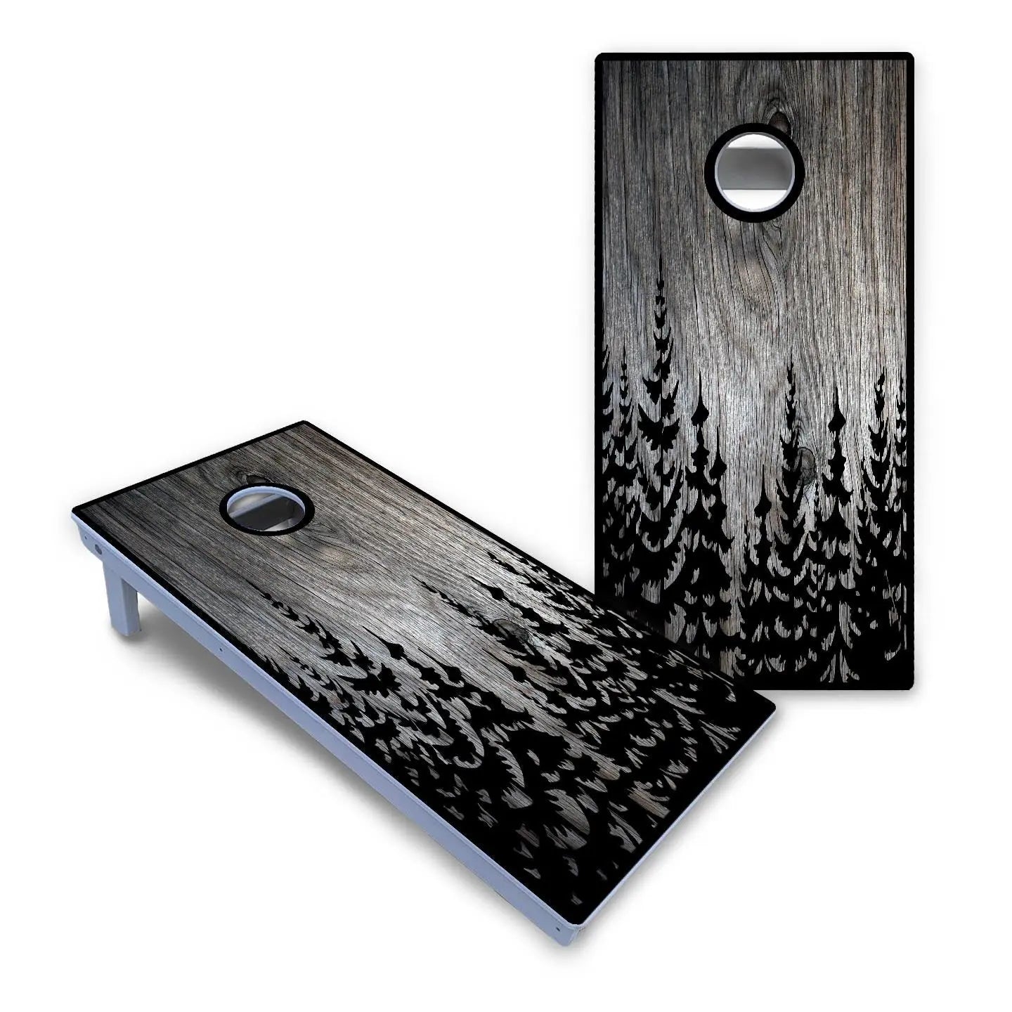 Greyscale Pine Trees Cornhole Boards - All Weather Series by Cornhole Solutions, custom cornhole board detail photo 2