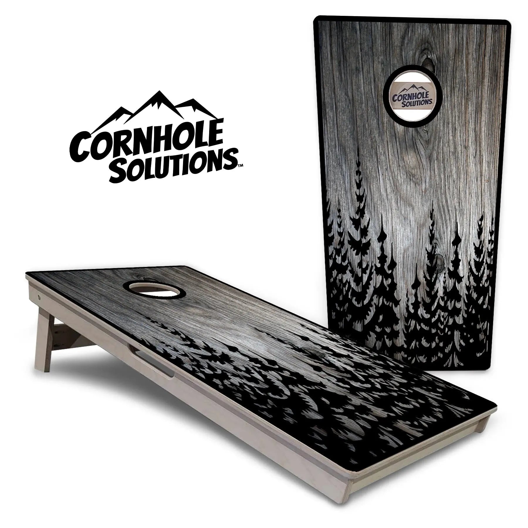 Greyscale Pine Trees Cornhole Boards - Professional Tournament Series by Cornhole Solutions, custom cornhole board main product photo