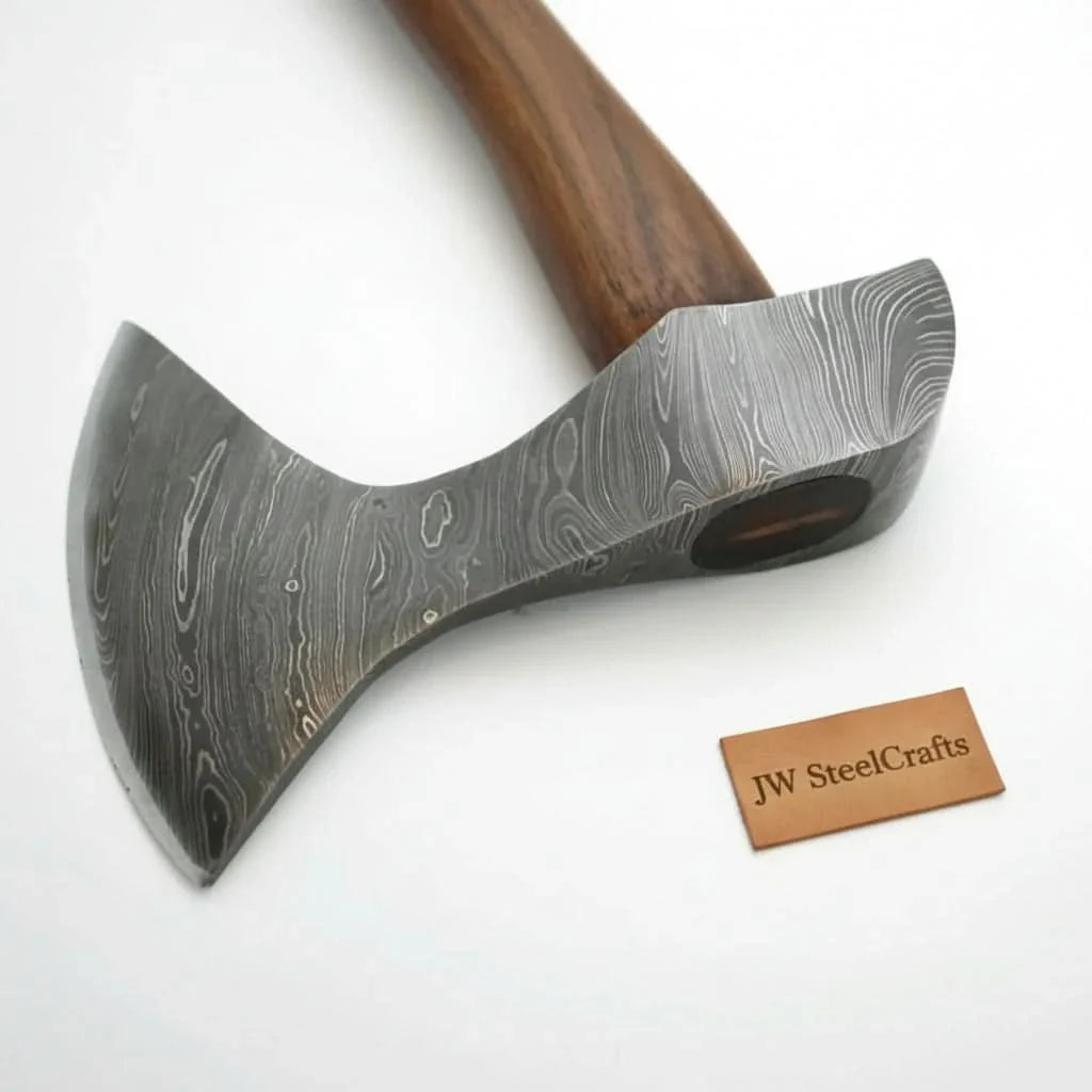 Hand Forged Damascus Steel Viking Axe – True Layered Bearded Axe with Hardwood Handle & Leather Sheath | JW SteelCrafts by JW SteelCrafts, leather knife sheath detail photo 3