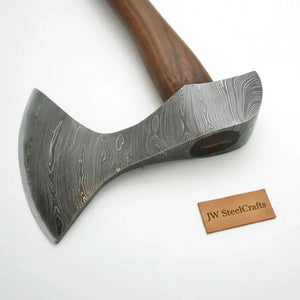 Hand Forged Damascus Steel Viking Axe – True Layered Bearded Axe with Hardwood Handle & Leather Sheath | JW SteelCrafts by JW SteelCrafts, leather knife sheath detail photo 3
