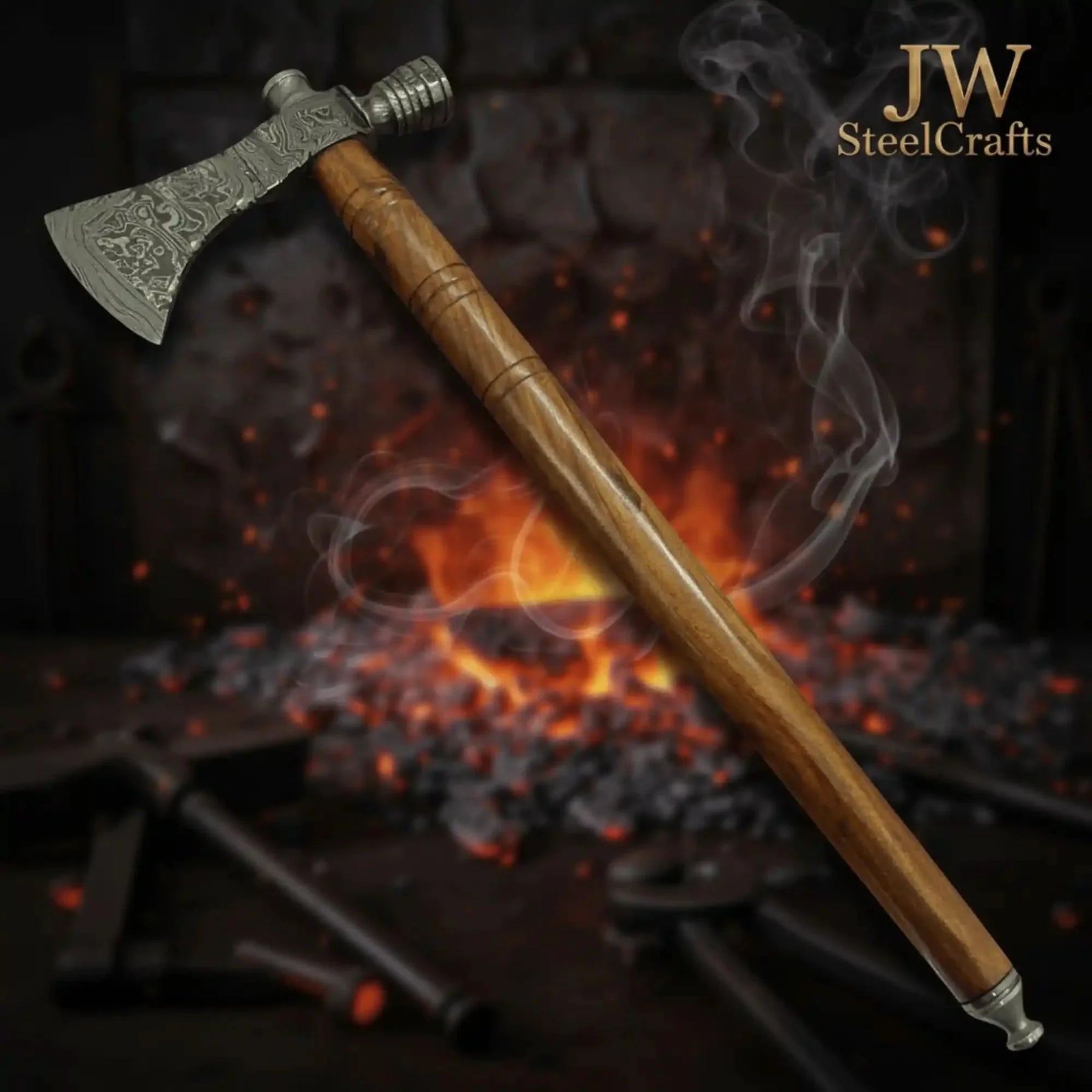Damascus Smoking Axe Straight Handle 19 Inch detail view by JW SteelCrafts