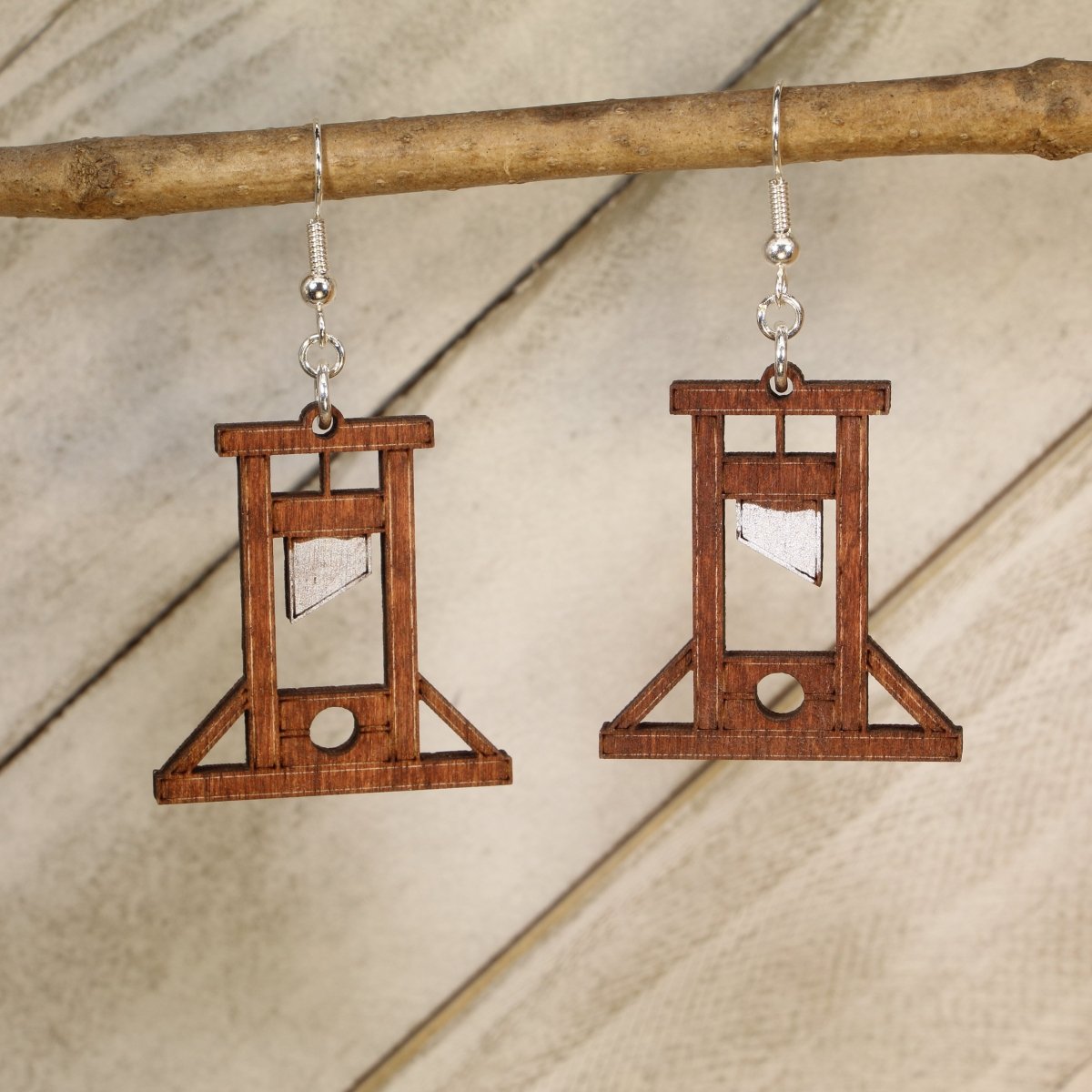Guillotine Wooden Earrings | Gothic Dark Humor Jewelry detail view by Cate's Concepts, LLC