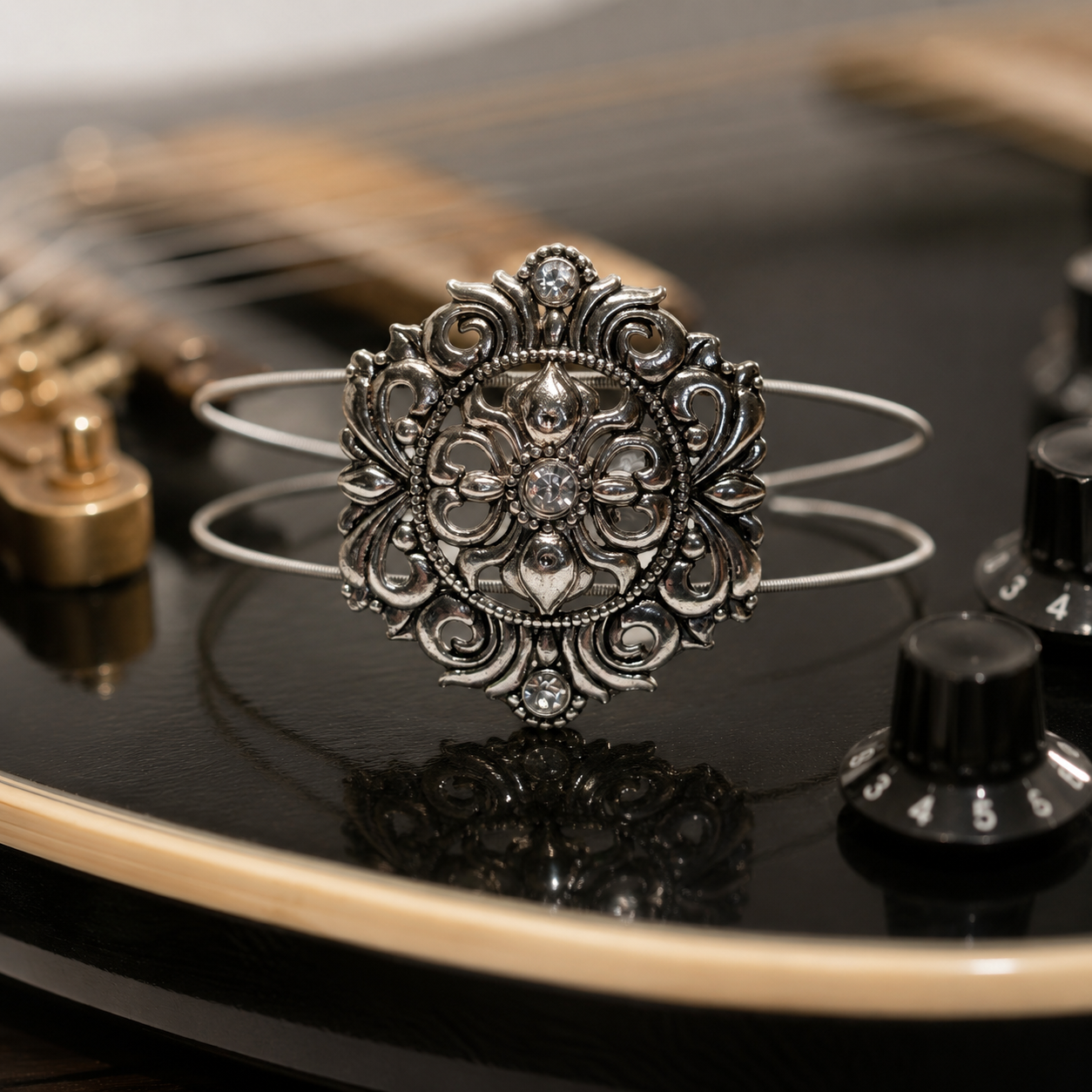Silver Medallion Guitar String Bracelet by N Harmony Jewelry, handmade jewelry main product photo