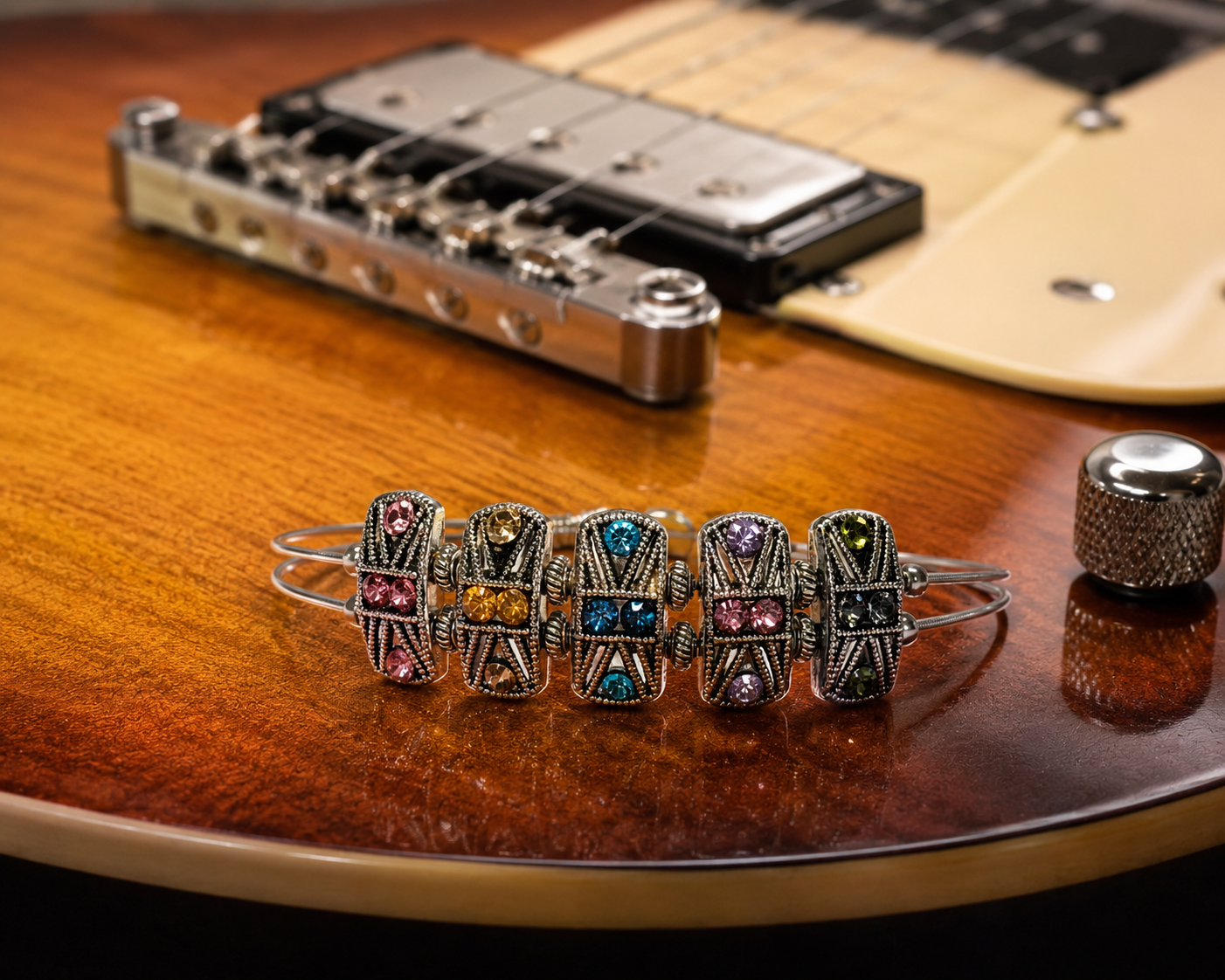Rainbow Rhinestone Guitar String Bracelet by N Harmony Jewelry, handmade jewelry main product photo