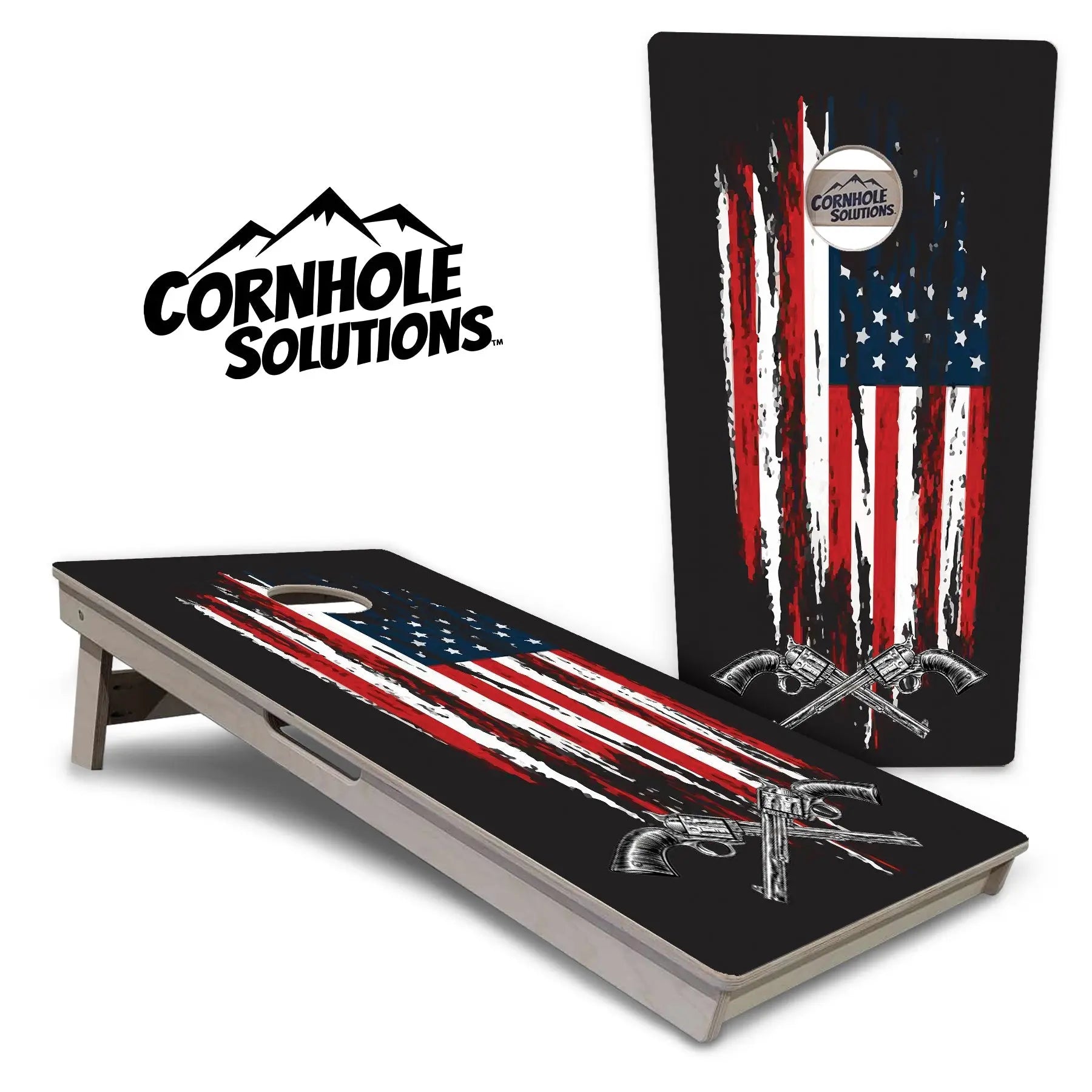 Guns and Flag Cornhole Boards - Professional Tournament Series by Cornhole Solutions, custom cornhole board main product photo