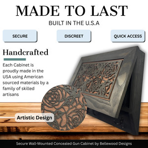 Gun and Roses Hidden Gun Cabinet – Decorative Concealment Coat Rack with Hat & Key Hooks detail view by Bellewood Designs