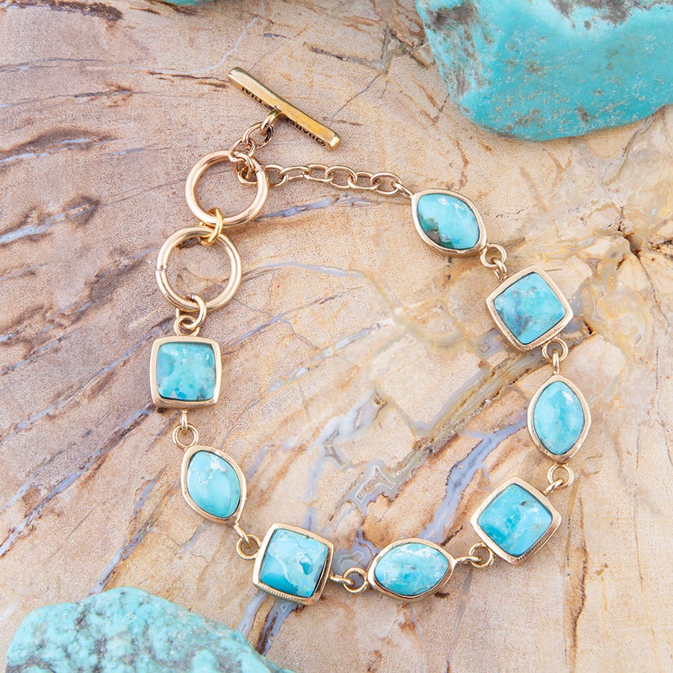 Genuine Blue Turquoise Hammered Golden Link Bracelet detail view by Barse Jewelry