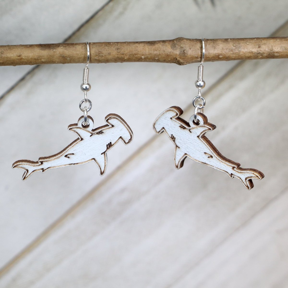 Hammerhead Shark Wooden Earrings | Ocean Sea Life Jewelry detail view by Cate's Concepts, LLC