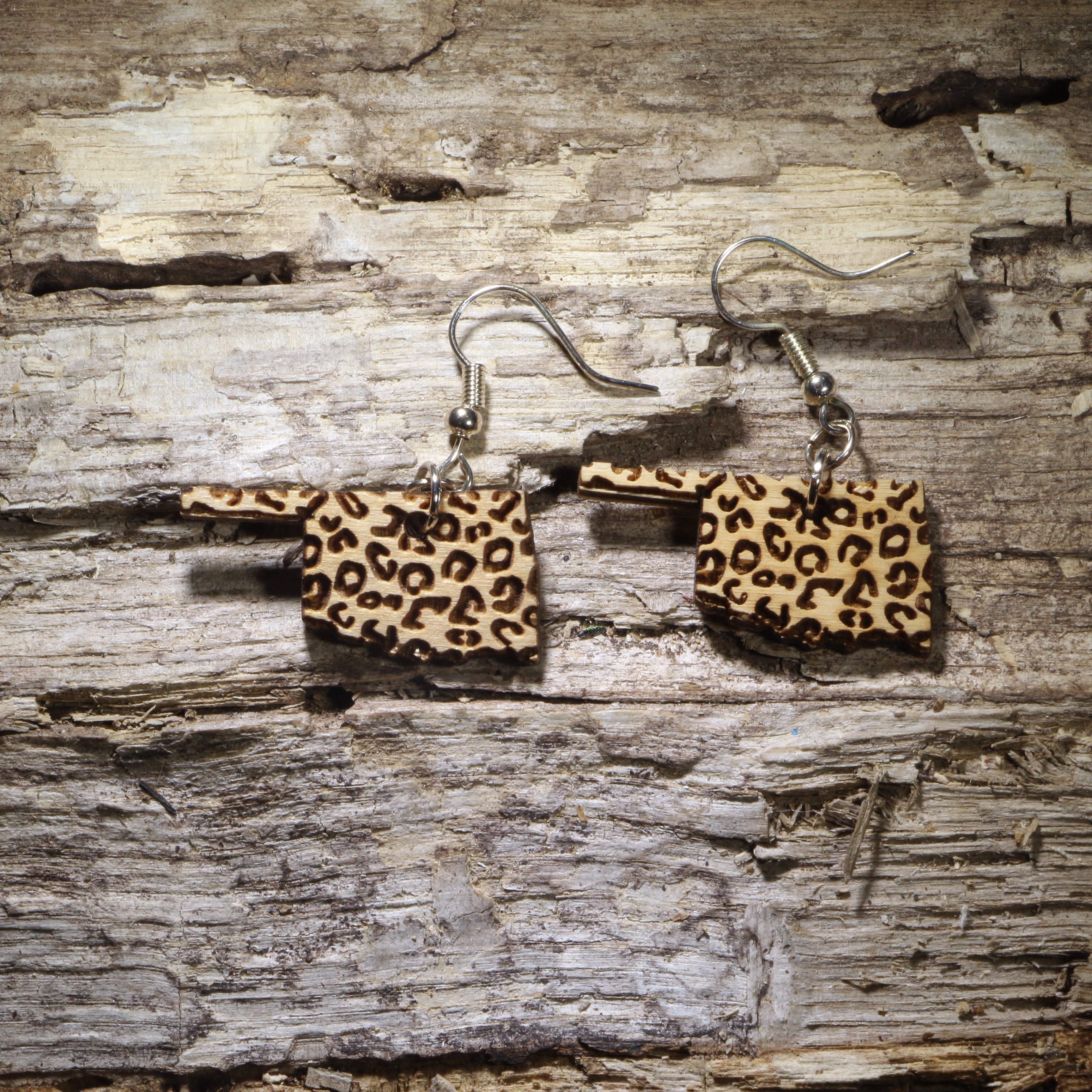Oklahoma State Cheetah Print Wooden Earrings | State Pride Jewelry by Cate's Concepts, LLC