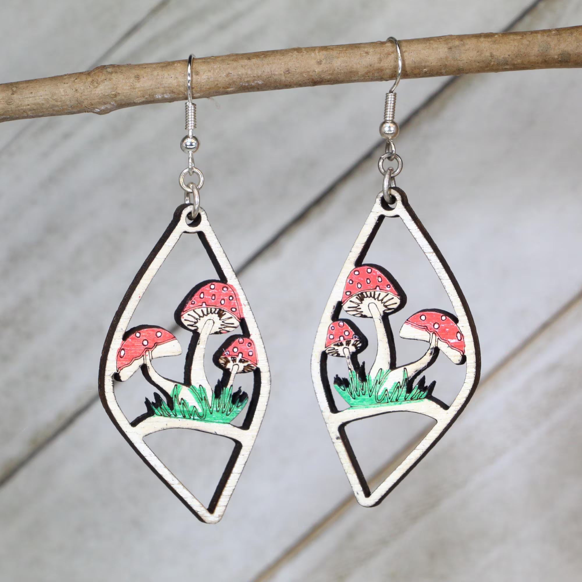 Red Mushroom Garden Wooden Dangle Earrings | Cottagecore Nature Jewelry detail view by Cate's Concepts, LLC