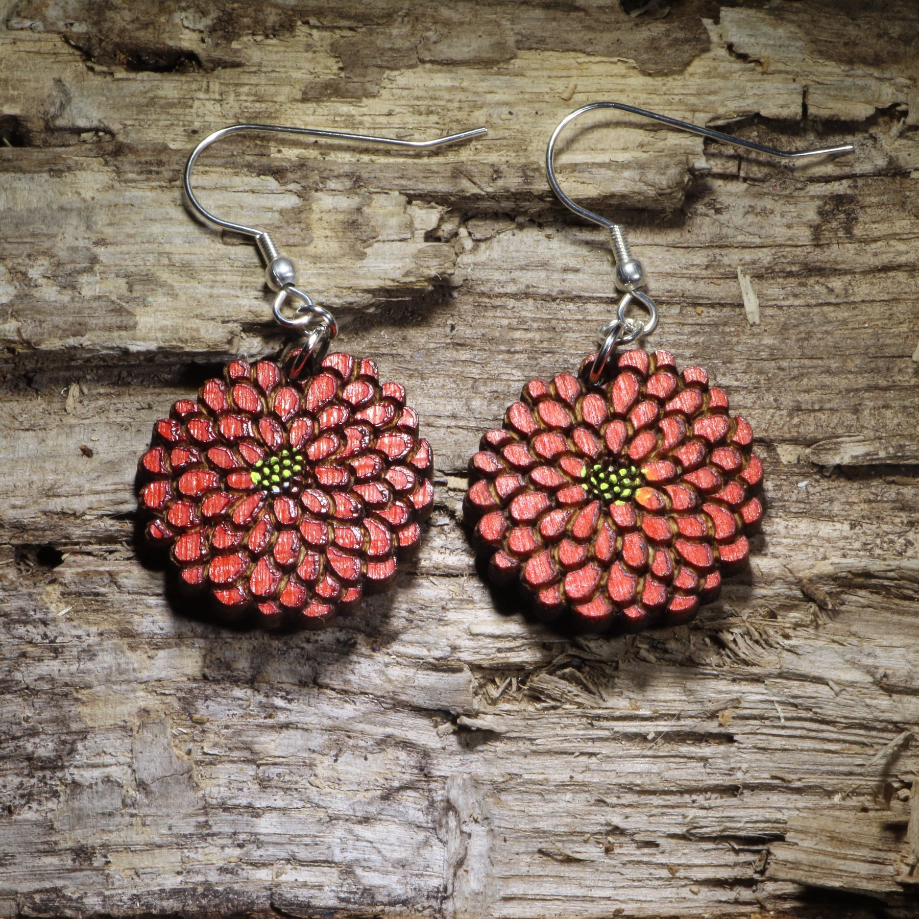 Zinnia Flower Wooden Earrings | Floral Garden Jewelry detail view by Cate's Concepts, LLC